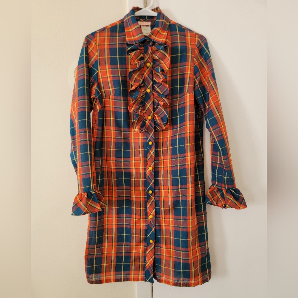 Vtg 60-70s SEARS Shirt Dress Perma Prest Jr High Girl 14 Red Blue Yellow NOS